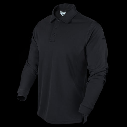 The Condor Long Sleeve Performance Tactical Polo is a black shirt featuring a collar, button placket, and visible brand label inside the collar, shown on a plain background.